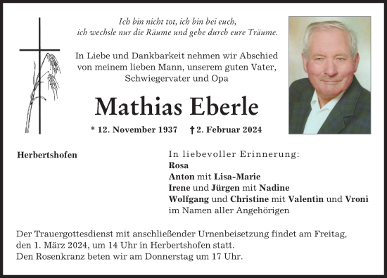 Traueranzeige von Matheas Eberle von Wertinger Zeitung, Augsburg-Land