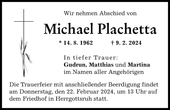 Traueranzeige von Michael Plachetta von Friedberger Allgemeine