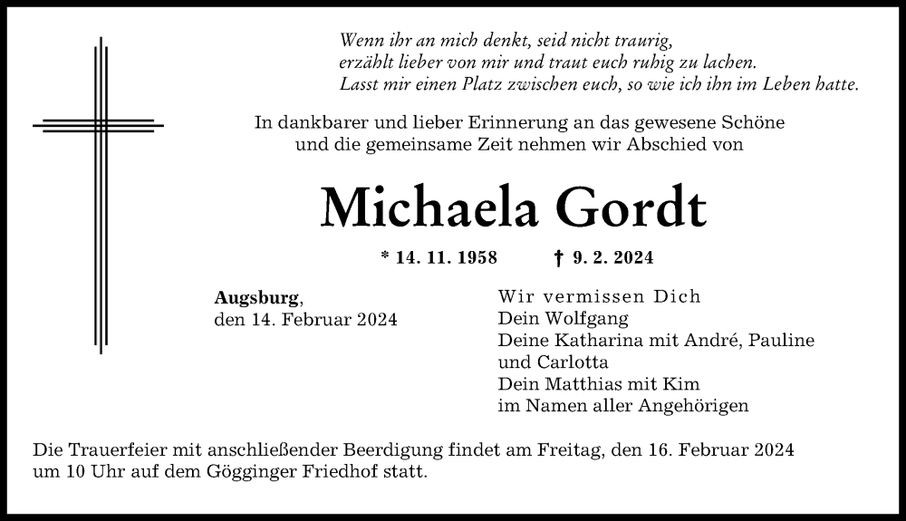  Traueranzeige für Michaela Gordt vom 14.02.2024 aus Augsburger Allgemeine