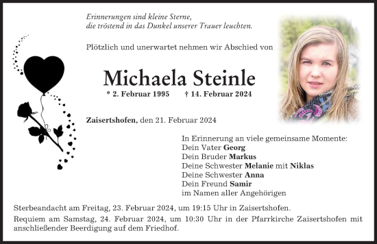 Traueranzeige von Michaela Steinle von Mindelheimer Zeitung