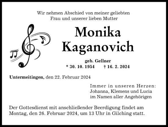 Traueranzeige von Monika Kaganovich von Schwabmünchner Allgemeine