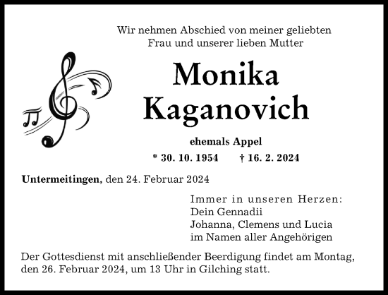 Traueranzeige von Monika Kaganovich von Schwabmünchner Allgemeine