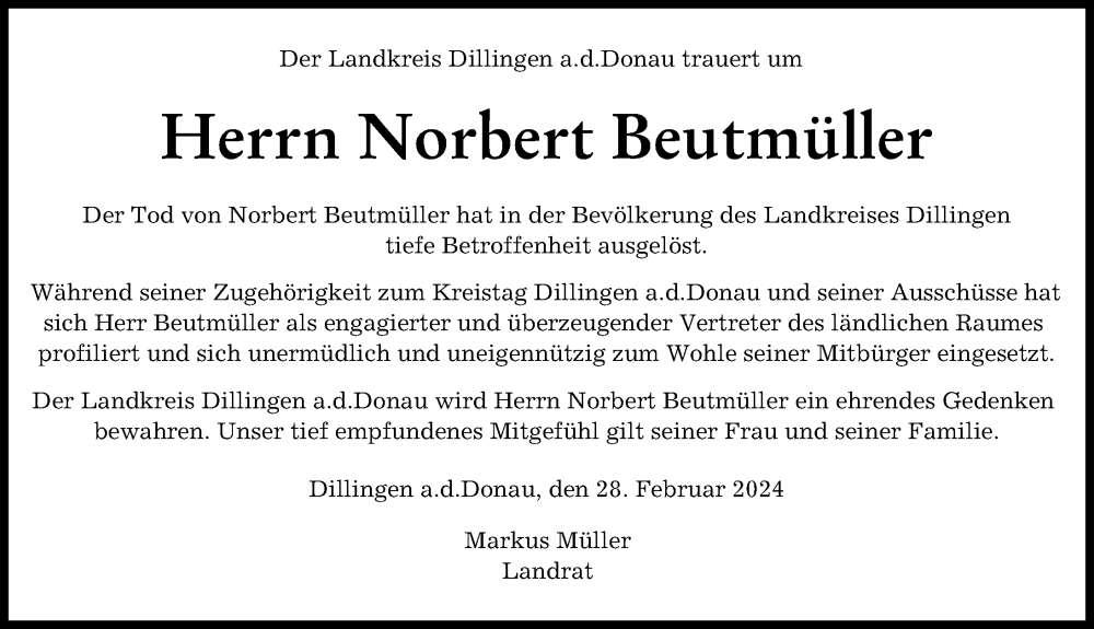  Traueranzeige für Norbert Beutmüller vom 28.02.2024 aus Wertinger Zeitung, Augsburg-Land