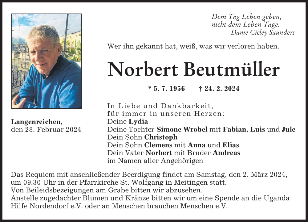  Traueranzeige für Norbert Beutmüller vom 28.02.2024 aus Wertinger Zeitung, Augsburger Allgemeine