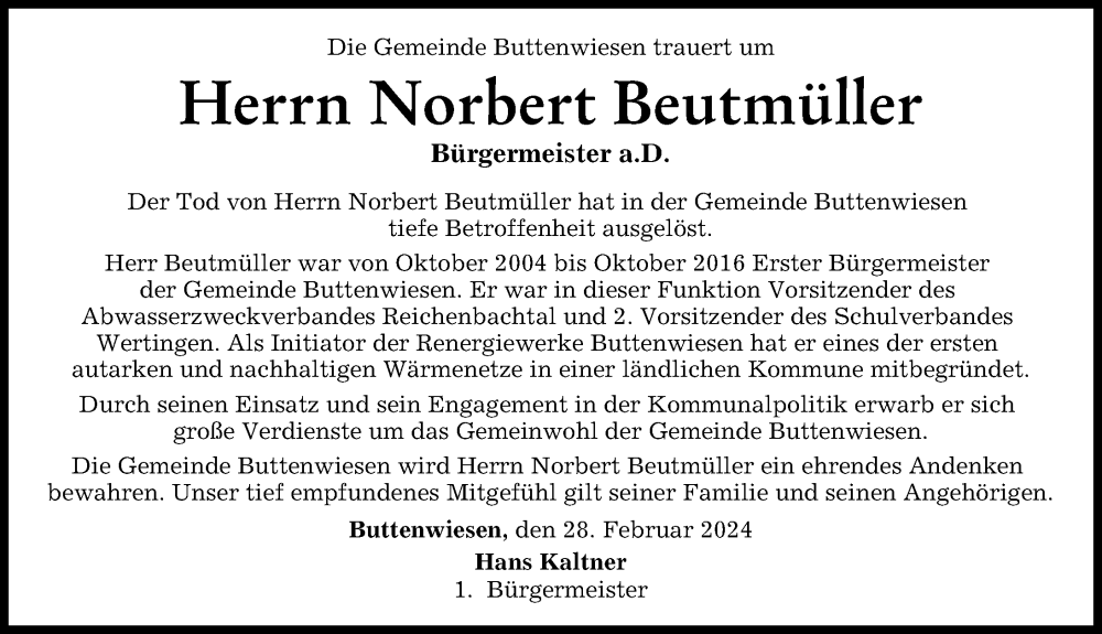  Traueranzeige für Norbert Beutmüller vom 28.02.2024 aus Augsburg-Land, Wertinger Zeitung