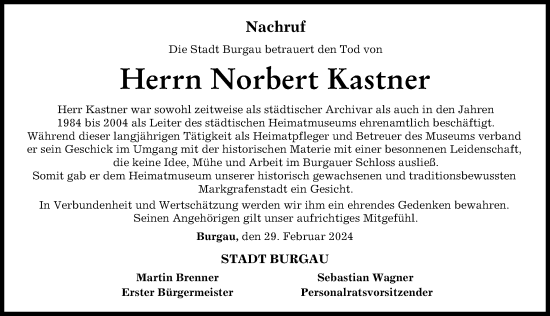 Traueranzeige von Norbert Kastner von Günzburger Zeitung