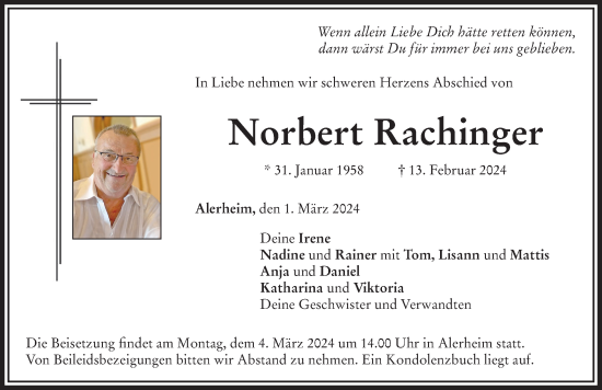 Traueranzeige von Norbert Rachinger von Rieser Nachrichten