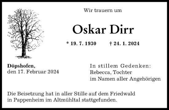 Traueranzeige von Oskar Dirr von Augsburger Allgemeine