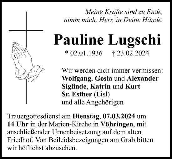 Traueranzeige von Pauline Lugschi von Illertisser Zeitung