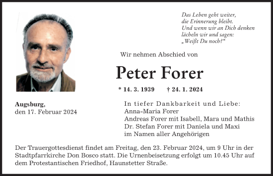 Traueranzeige von Peter Forer von Augsburger Allgemeine