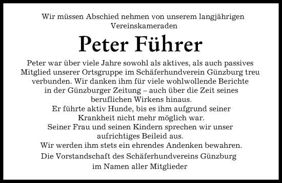 Traueranzeige von Peter Führer von Günzburger Zeitung