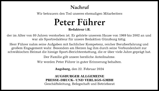 Traueranzeige von Peter Führer von Günzburger Zeitung