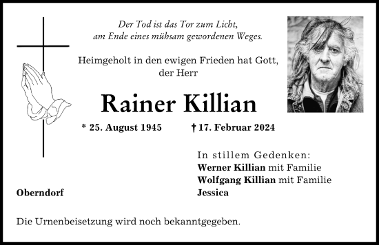 Traueranzeige von Rainer Killian von Donauwörther Zeitung
