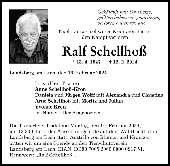 Traueranzeige von Ralf Schellhoß von Landsberger Tagblatt