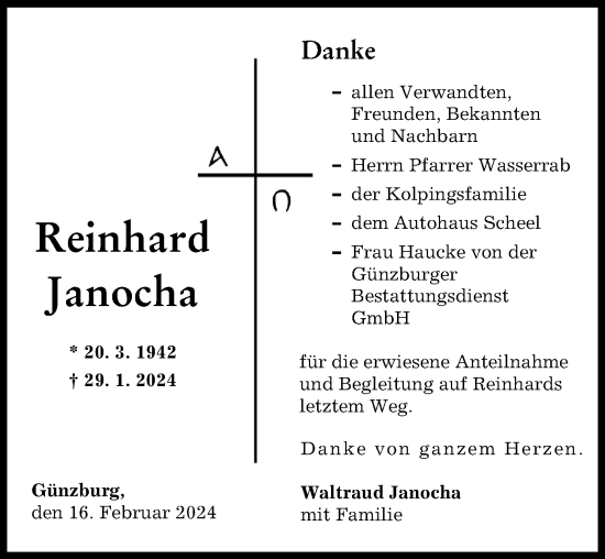 Traueranzeige von Reinhard Janocha von Günzburger Zeitung