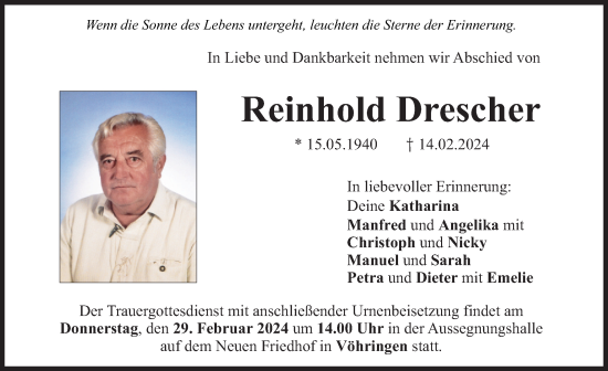 Traueranzeige von Reinhold Drescher von Illertisser Zeitung