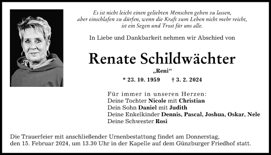 Traueranzeige von Renate Schildwächter von Günzburger Zeitung