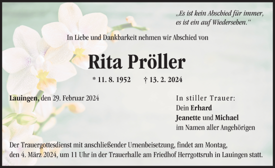 Traueranzeige von Rita Pröller von Donau Zeitung