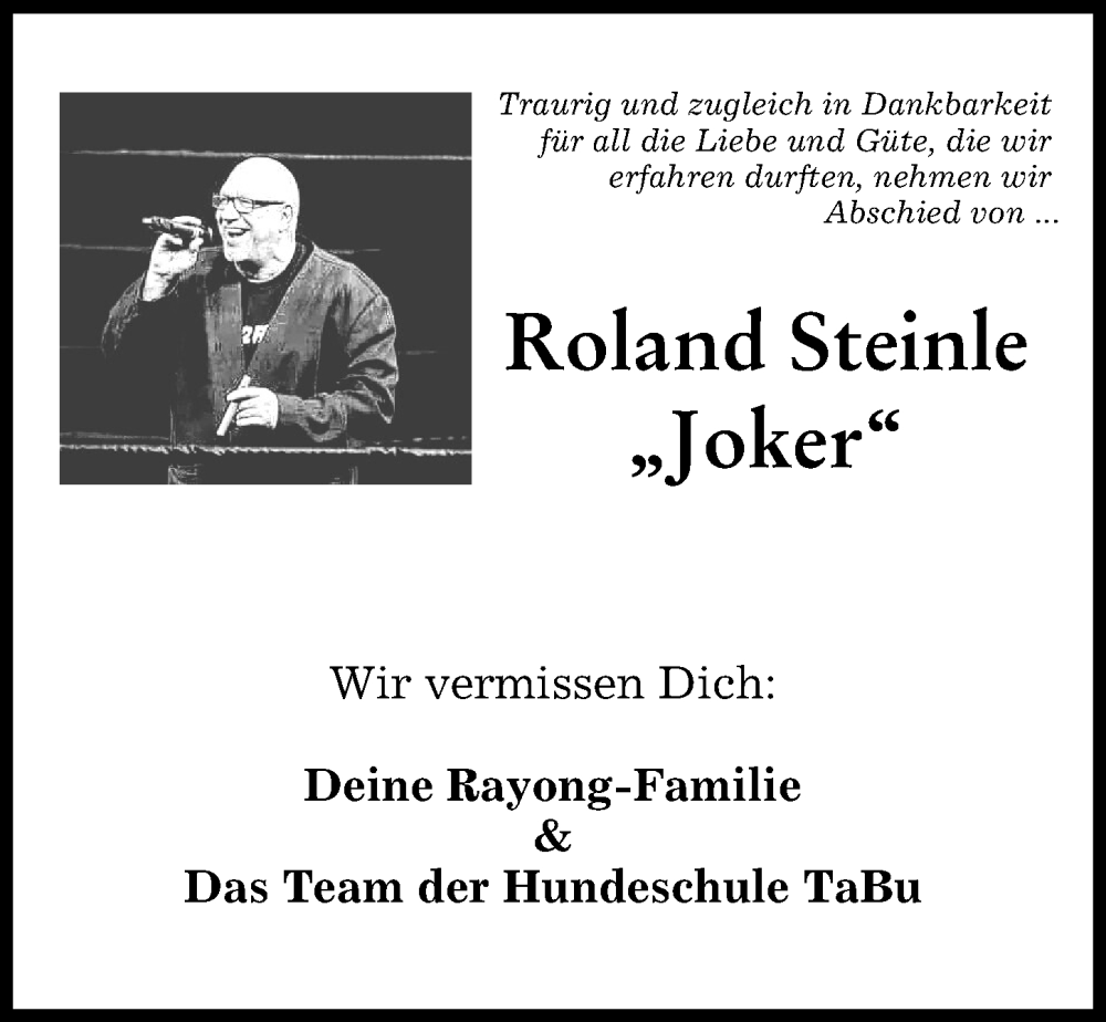 Traueranzeige für Roland Steinle vom 02.02.2024 aus Donau Zeitung