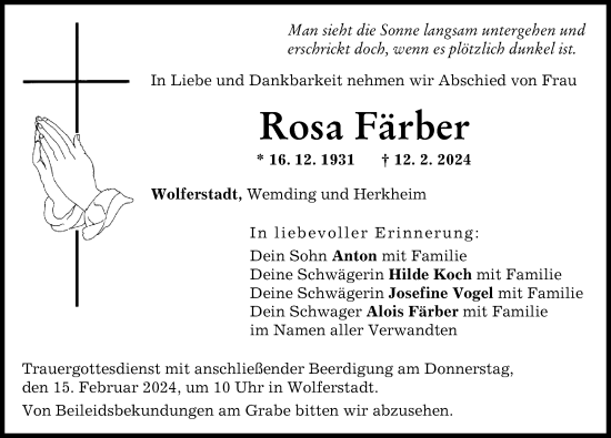 Traueranzeige von Rosa Färber von Donauwörther Zeitung