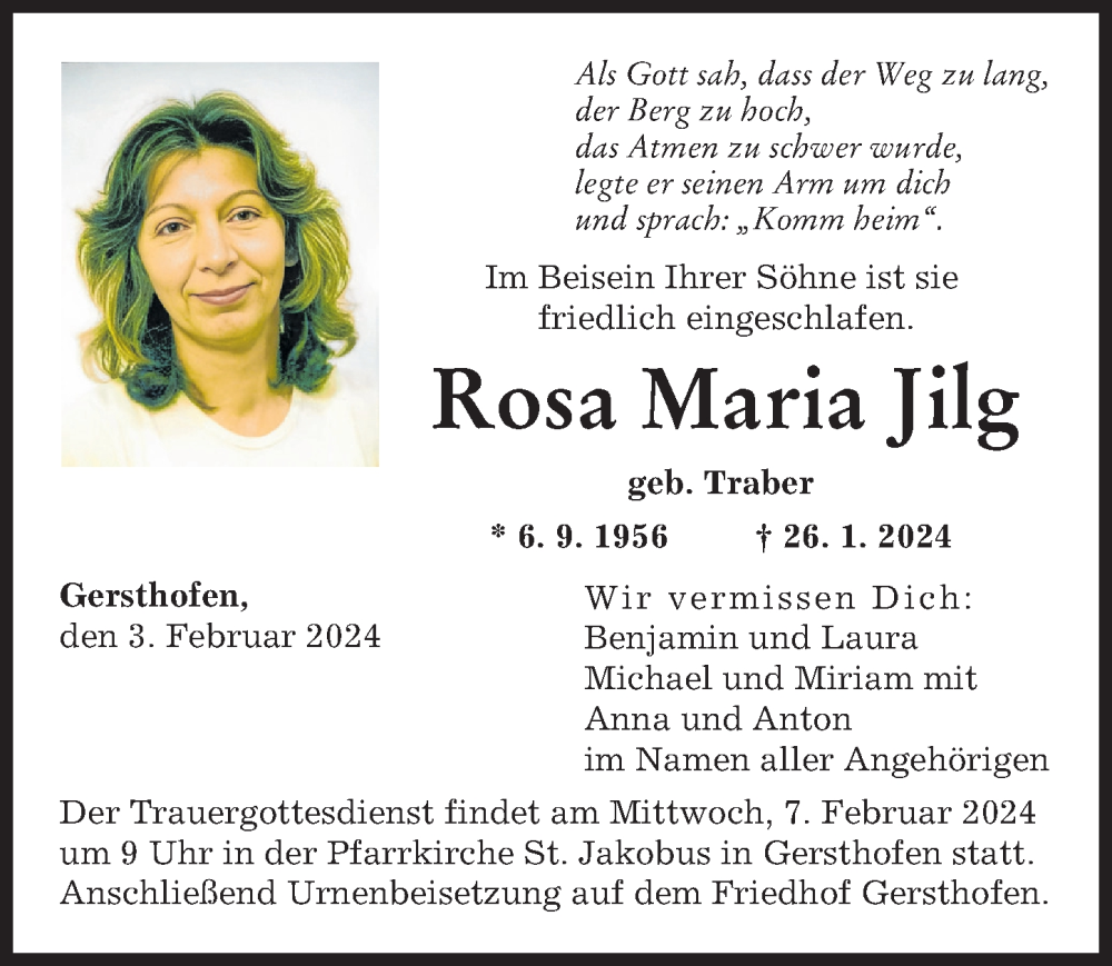  Traueranzeige für Rosa Maria Jilg vom 03.02.2024 aus Augsburger Allgemeine