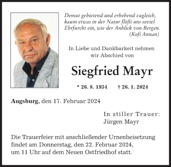 Traueranzeige von Siegfried Mayr von Augsburger Allgemeine