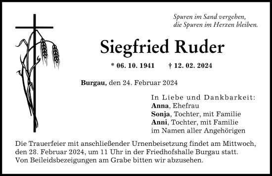Traueranzeige von Siegfried Ruder von Günzburger Zeitung