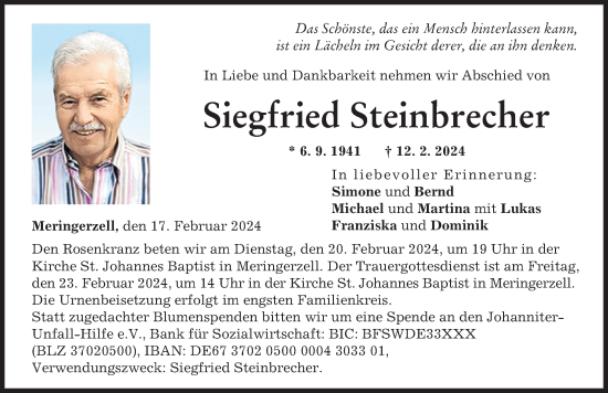 Traueranzeige von Siegfried Steinbrecher von Friedberger Allgemeine