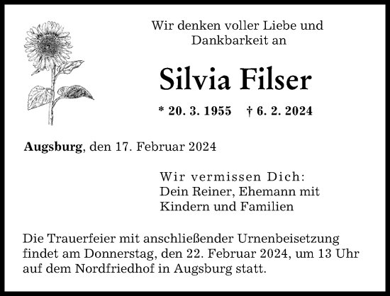 Traueranzeige von Silvia Filser von Augsburger Allgemeine