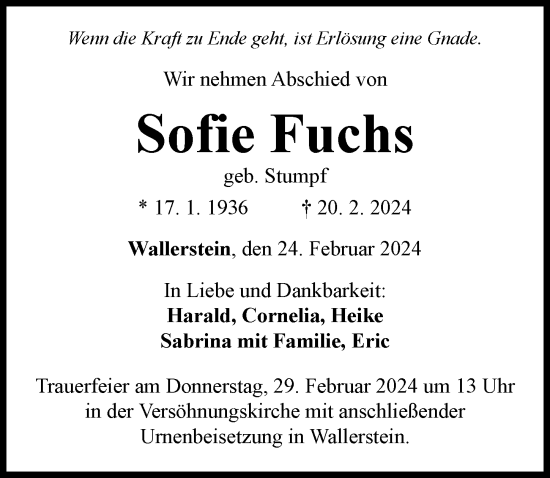 Traueranzeige von Sofie Fuchs von Rieser Nachrichten