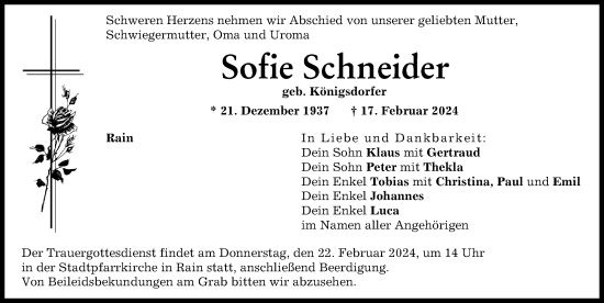 Traueranzeige von Sofie Schneider von Donauwörther Zeitung