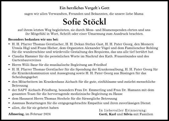 Traueranzeige von Sofie Stöckl von Aichacher Nachrichten