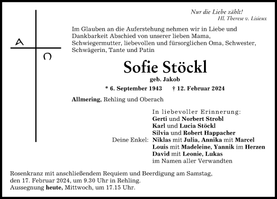 Traueranzeige von Sofie Stöckl von Aichacher Nachrichten