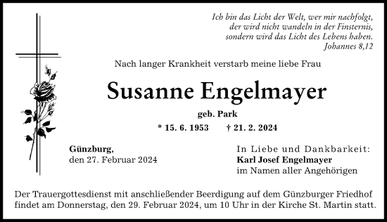Traueranzeige von Susanne Engelmayer von Günzburger Zeitung