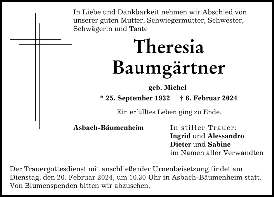 Traueranzeige von Theresia Baumgärtner von Donauwörther Zeitung