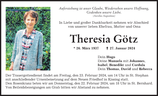 Traueranzeige von Theresia Götz von Friedberger Allgemeine