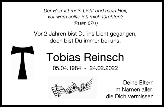 Traueranzeige von Tobias Reinsch von Augsburger Allgemeine