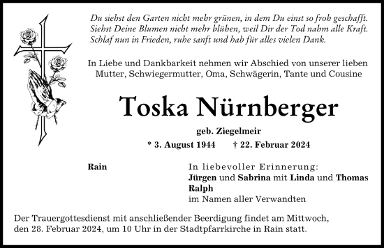 Traueranzeige von Toska Nürnberger von Donauwörther Zeitung