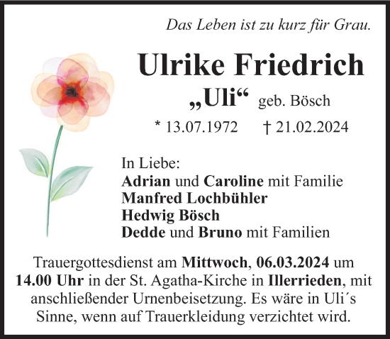 Traueranzeige von Ulrike Friedrich von Illertisser Zeitung