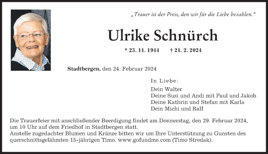 Traueranzeige von Ulrike Schnürch von Augsburger Allgemeine