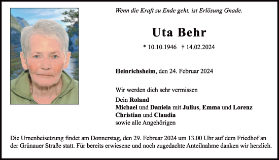 Traueranzeige von Uta Behr von Neuburger Rundschau
