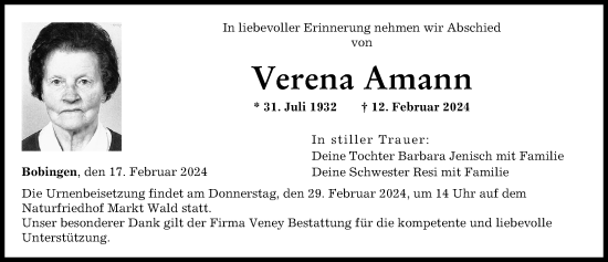Traueranzeige von Verena Amann von Schwabmünchner Allgemeine