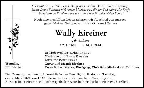Traueranzeige von Wally Eireiner von Donauwörther Zeitung