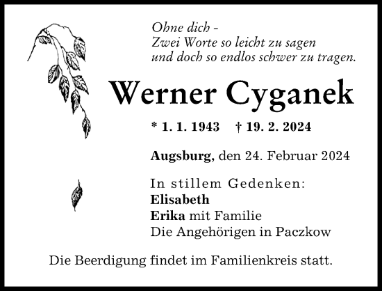 Traueranzeige von Werner Cyganek von Augsburger Allgemeine