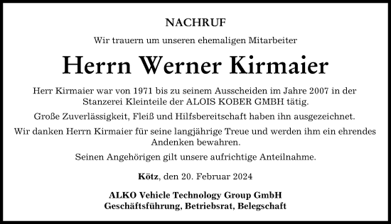 Traueranzeige von Werner Kirmaier von Günzburger Zeitung