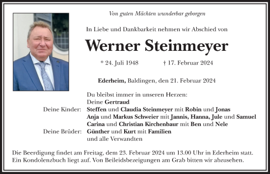 Traueranzeige von Werner Steinmeyer von Rieser Nachrichten