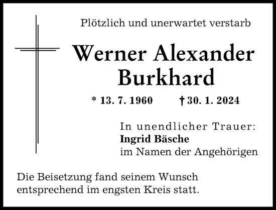 Traueranzeige von Werner Alexander Burkhard von Landsberger Tagblatt