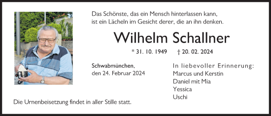 Traueranzeige von Wilhelm Schallner von Schwabmünchner Allgemeine