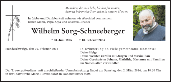 Traueranzeige von Wilhelm Sorg-Schneeberger von Donauwörther Zeitung
