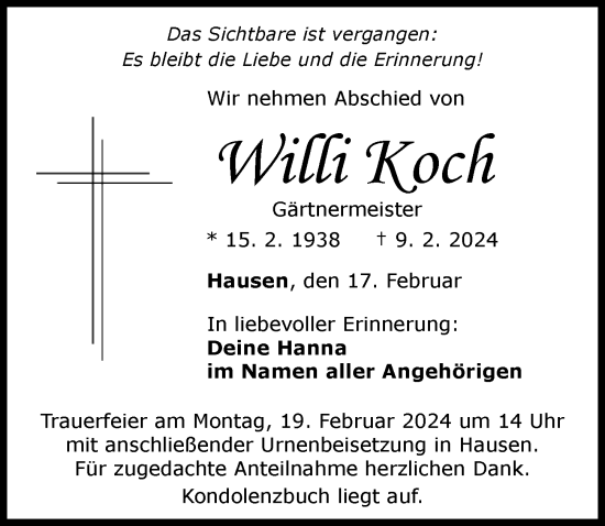 Traueranzeige von Willi Koch von Rieser Nachrichten